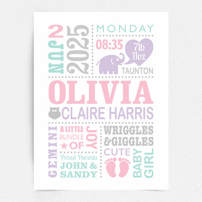 A Custom Baby Print featuring baby feet, little elephant, owl  and heart. Personalised with the child's birth details. Pink, Mint, Lilac & Grey