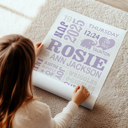 Custom Baby Print featuring baby feet, little elephant and heart. Personalised with the child's birth details. Lilac, Violet & Grey