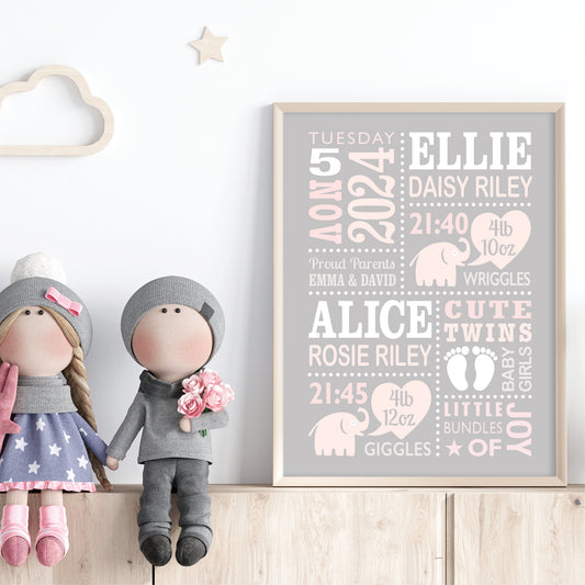 Custom Twin Babies Print - Girls Cute Elephants