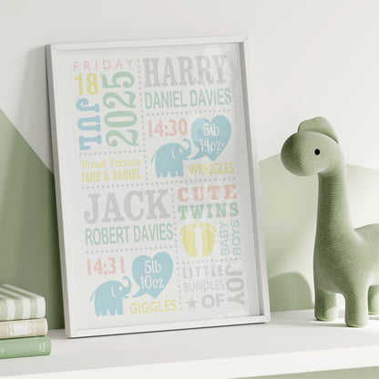 Custom Twin Babies Print - Boys Cute Elephants