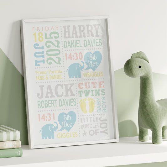 Custom Twin Babies Print - Boys Cute Elephants
