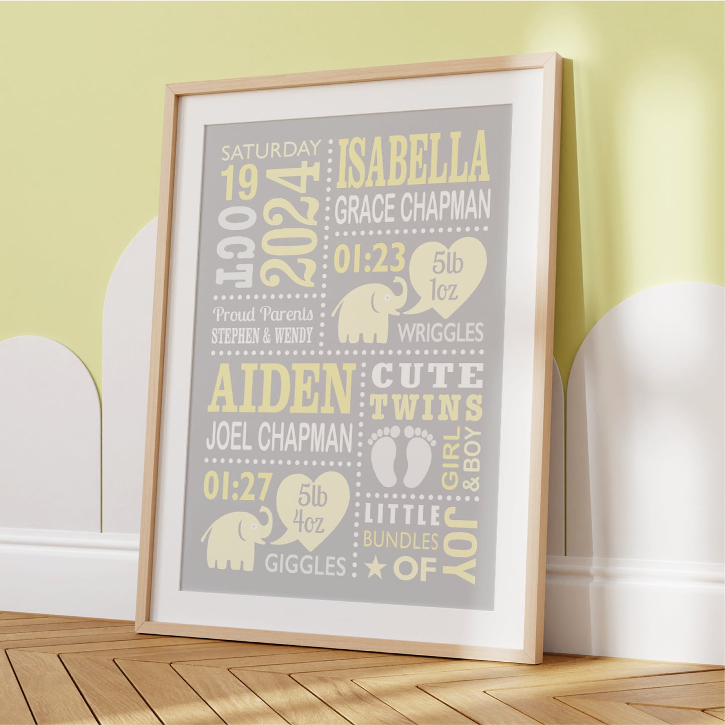 Custom Twin Babies Print - Boy & Girl Cute Elephants
