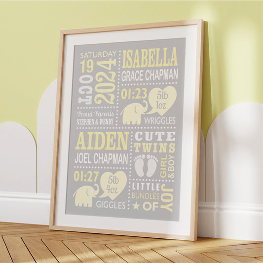 Custom Twin Babies Print - Boy & Girl Cute Elephants