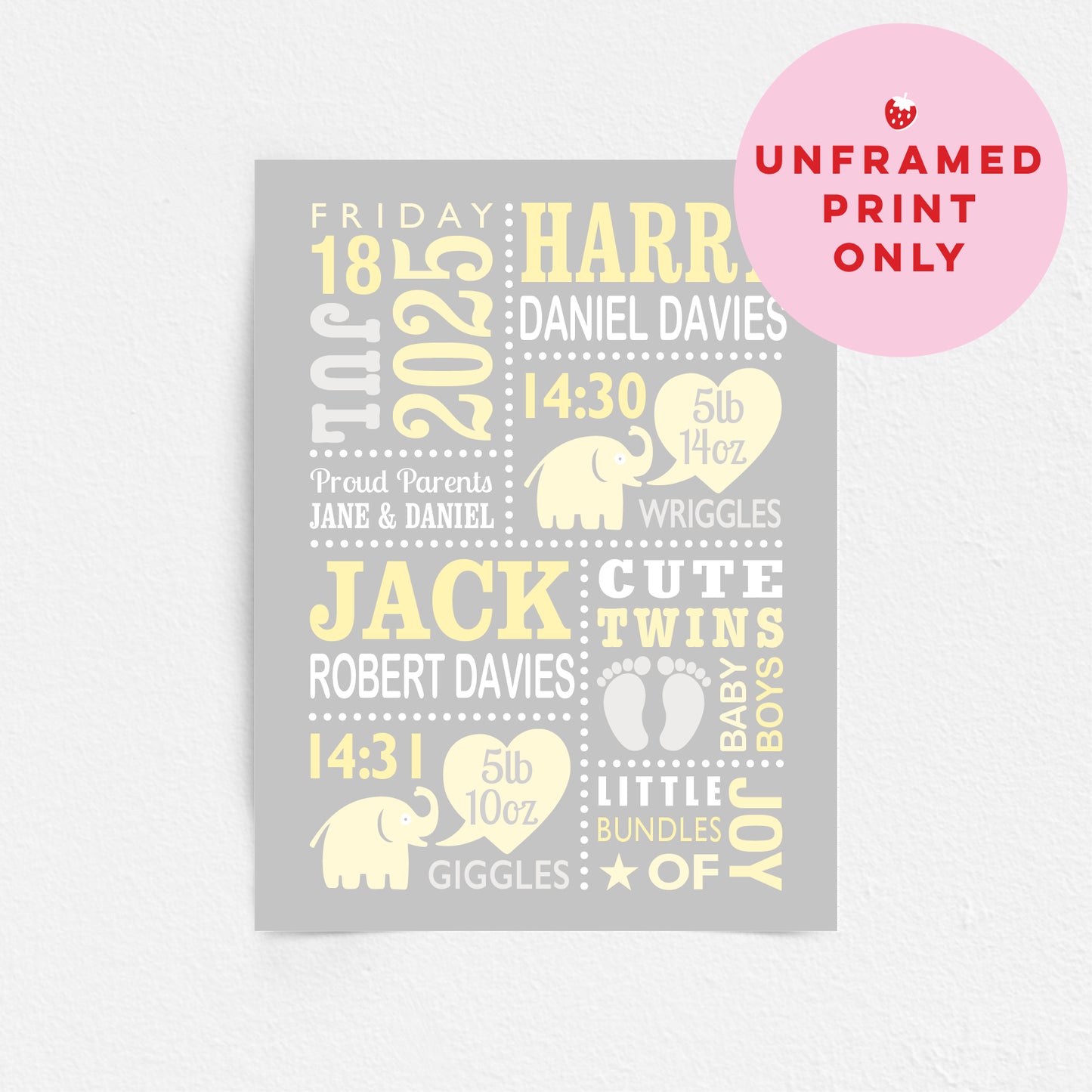 Custom Twin Babies Print - Boys Cute Elephants