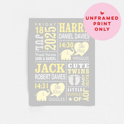 Custom Twin Babies Print - Boys Cute Elephants