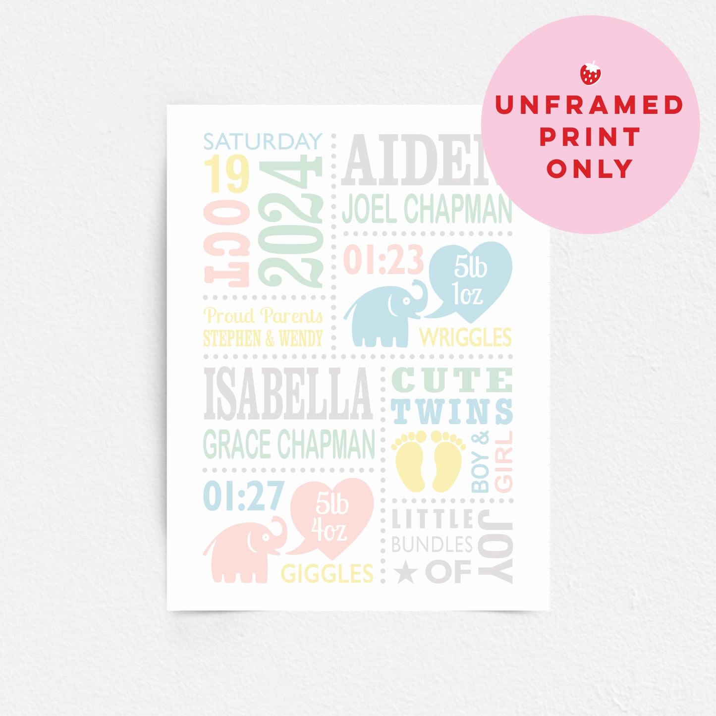 Custom Twin Babies Print - Boy & Girl Cute Elephants