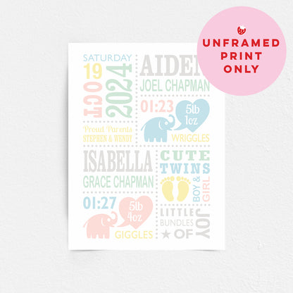 Custom Twin Babies Print - Boy & Girl Cute Elephants