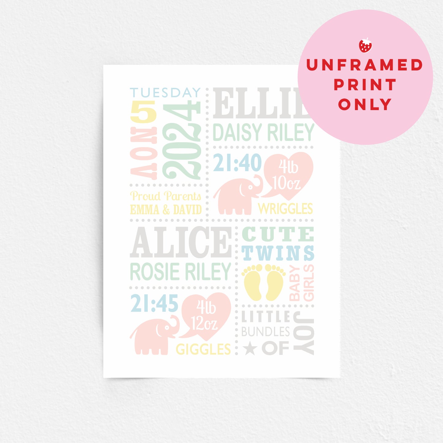 Custom Twin Babies Print - Girls Cute Elephants