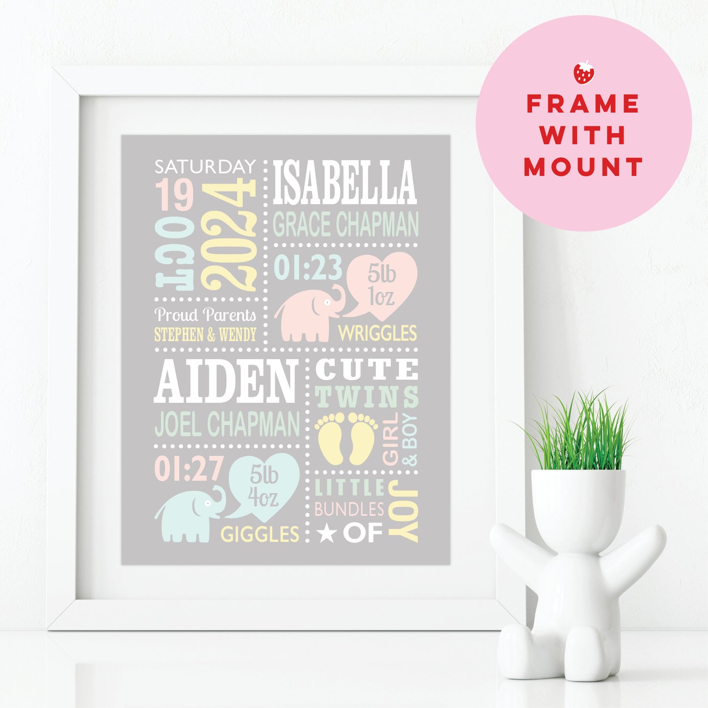 Custom Twin Babies Print - Boy & Girl Cute Elephants