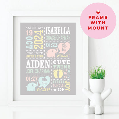 Custom Twin Babies Print - Boy & Girl Cute Elephants