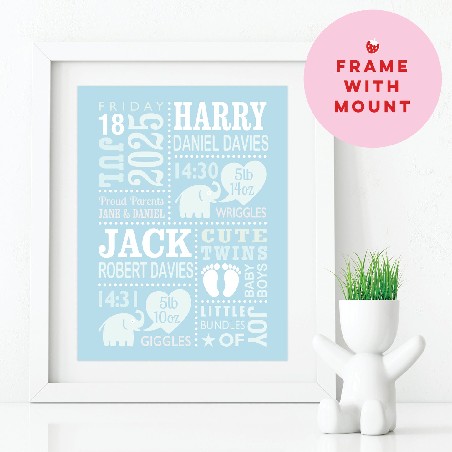 Custom Twin Babies Print - Boys Cute Elephants