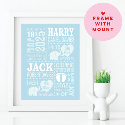 Custom Twin Babies Print - Boys Cute Elephants