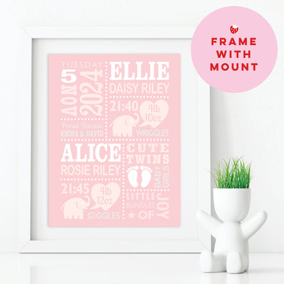 Custom Twin Babies Print - Girls Cute Elephants