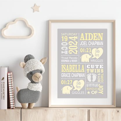 Custom Twin Babies Print - Boy & Girl Cute Elephants