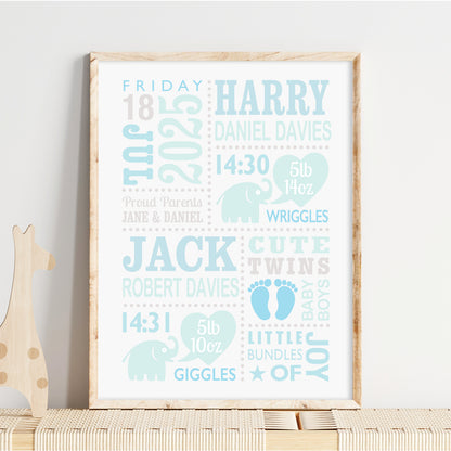 Custom Twin Babies Print - Boys Cute Elephants