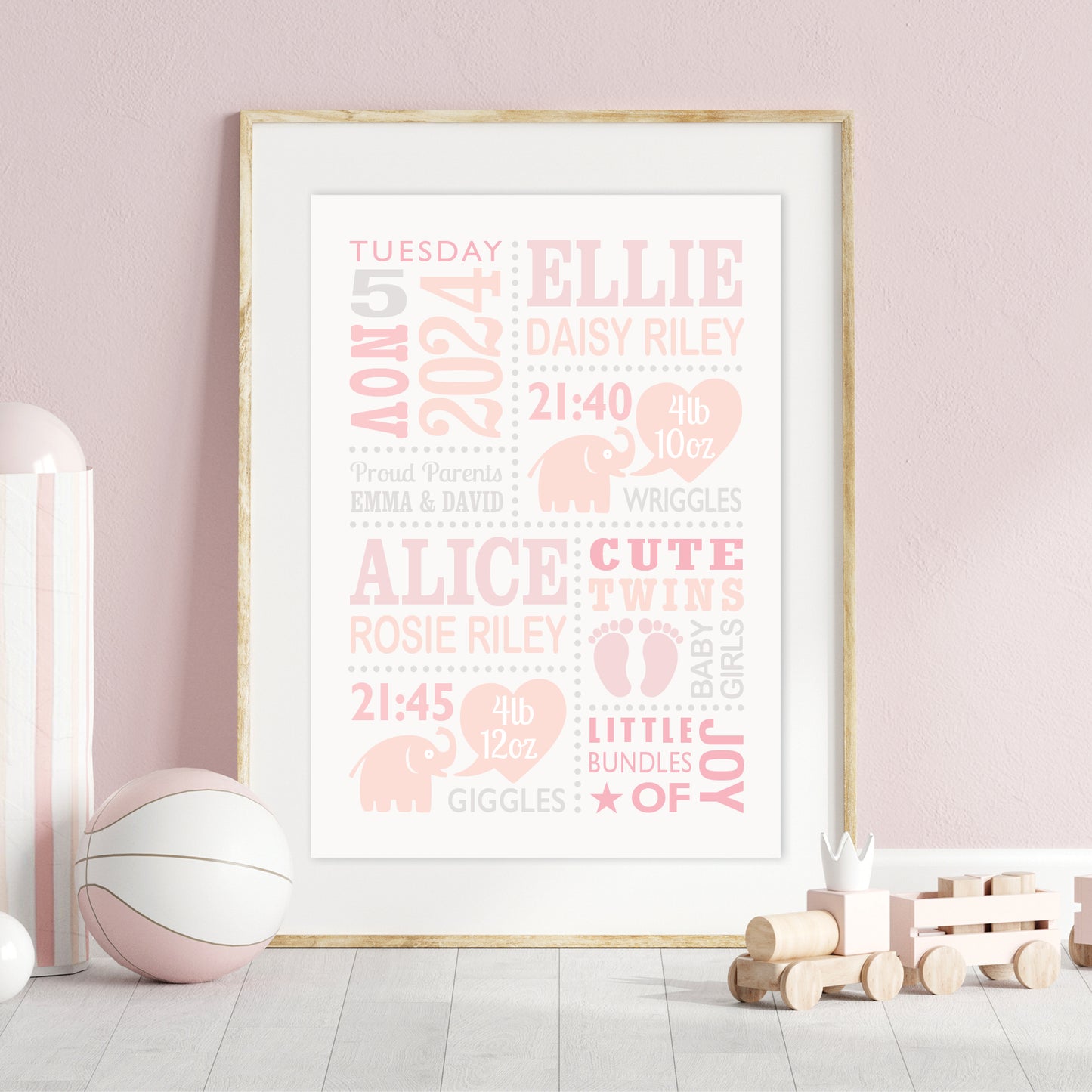 Custom Twin Babies Print - Girls Cute Elephants