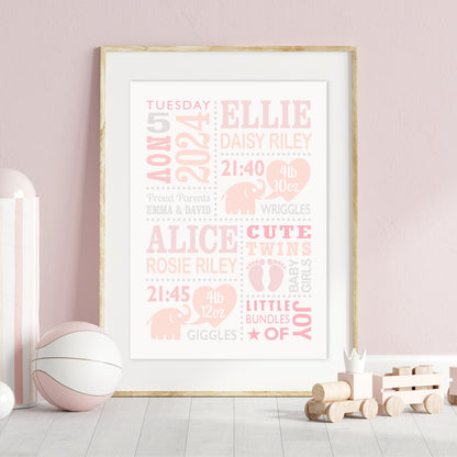 Custom Twin Babies Print - Girls Cute Elephants