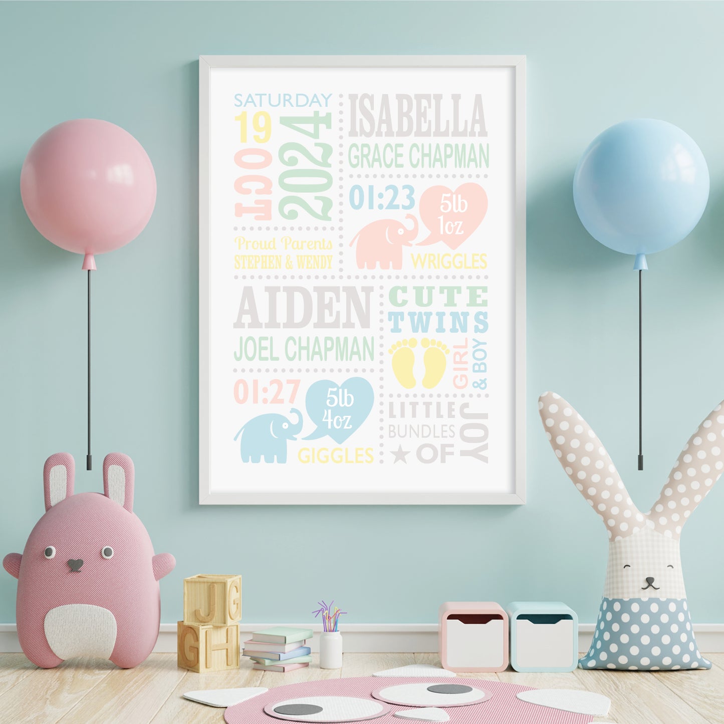 Custom Twin Babies Print - Boy & Girl Cute Elephants