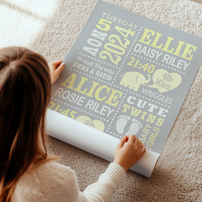 Custom Twin Babies Print - Girls Cute Elephants