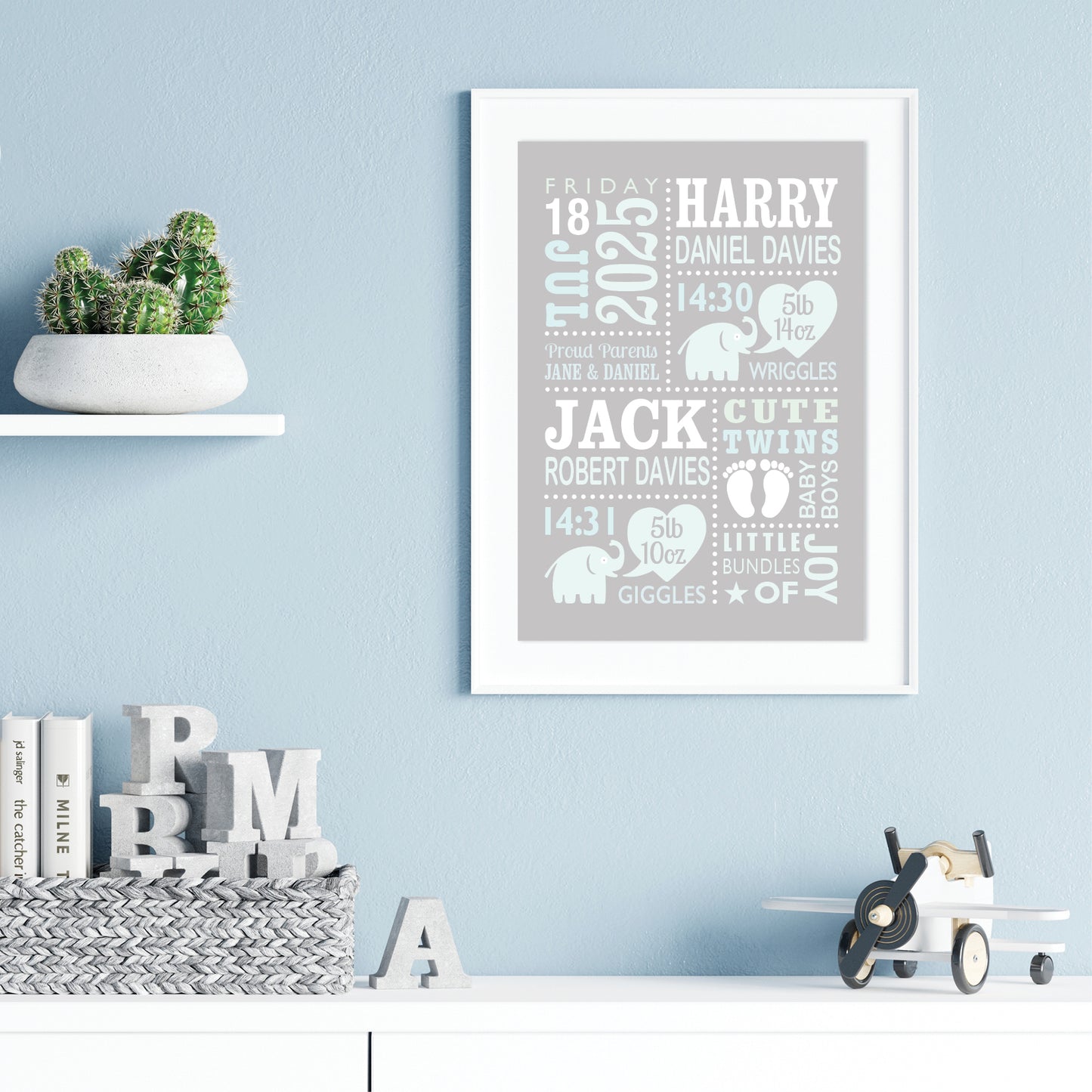 Custom Twin Babies Print - Boys Cute Elephants