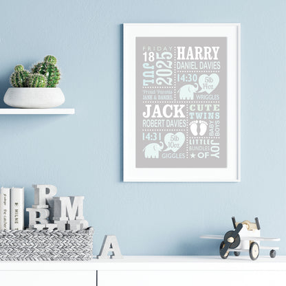 Custom Twin Babies Print - Boys Cute Elephants