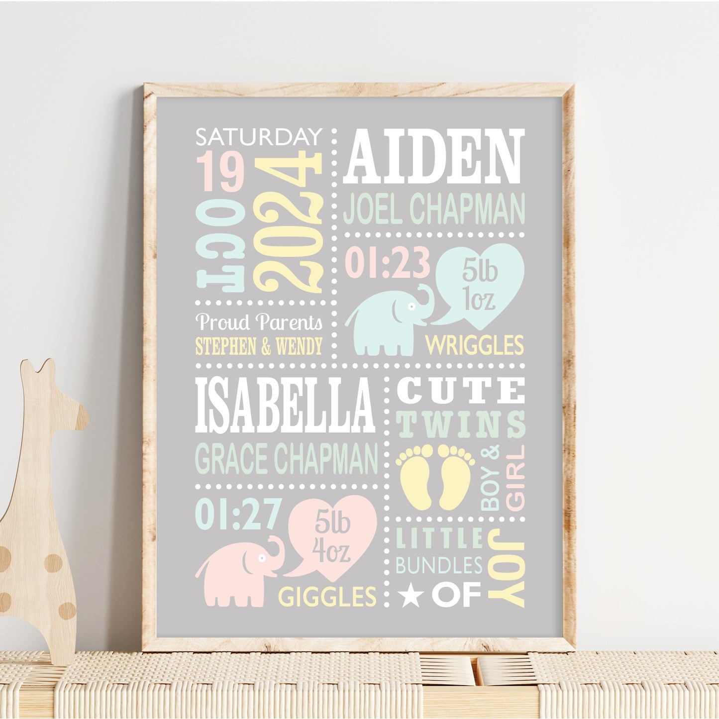 Custom Twin Babies Print - Boy & Girl Cute Elephants