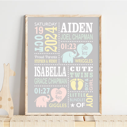 Custom Twin Babies Print - Boy & Girl Cute Elephants