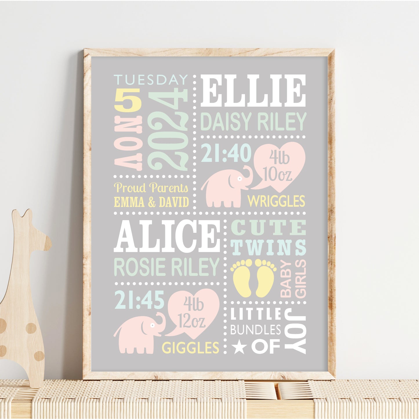 Custom Twin Babies Print - Girls Cute Elephants