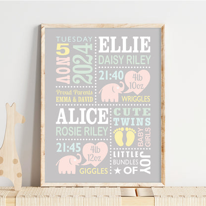 Custom Twin Babies Print - Girls Cute Elephants