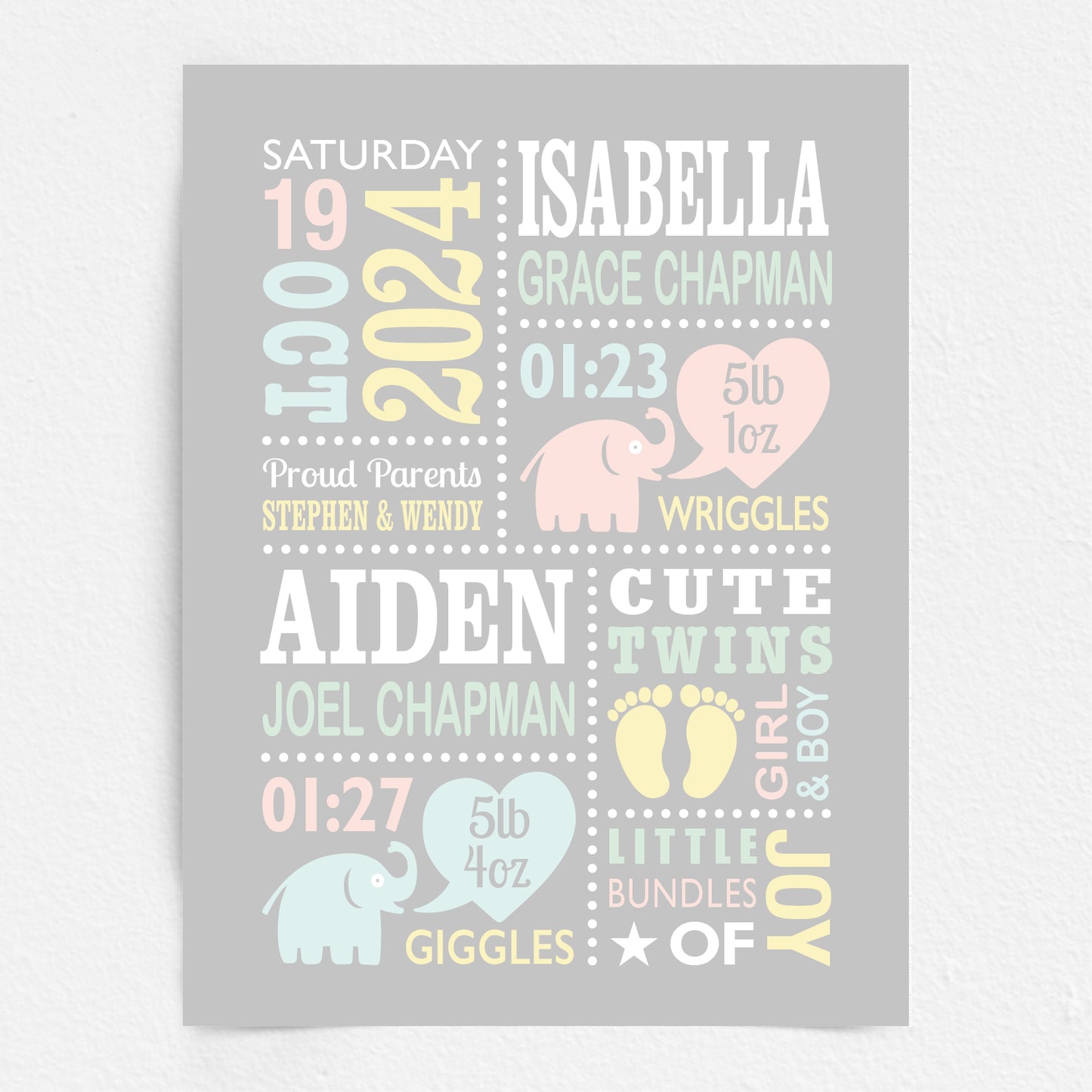 Custom Twin Babies Print - Boy & Girl Cute Elephants