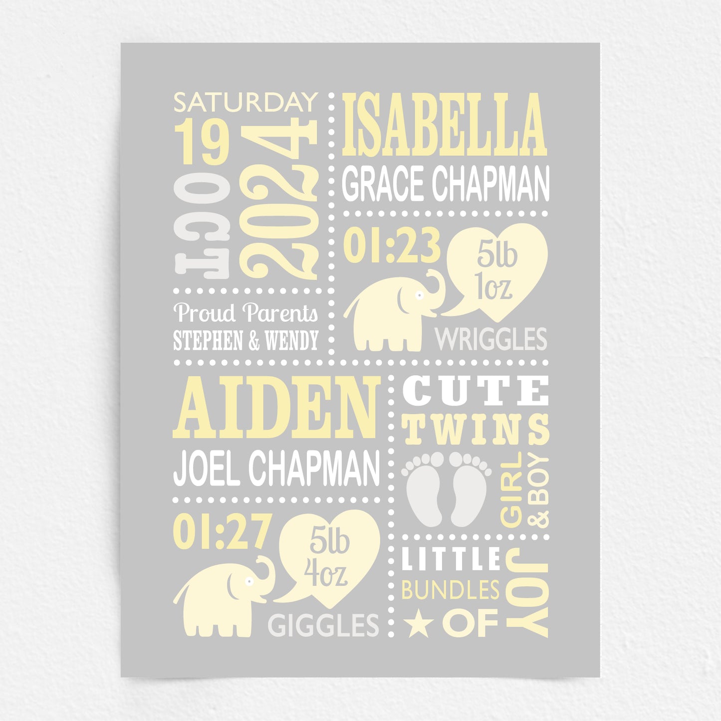 Custom Twin Babies Print - Boy & Girl Cute Elephants