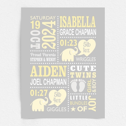 Custom Twin Babies Print - Boy & Girl Cute Elephants