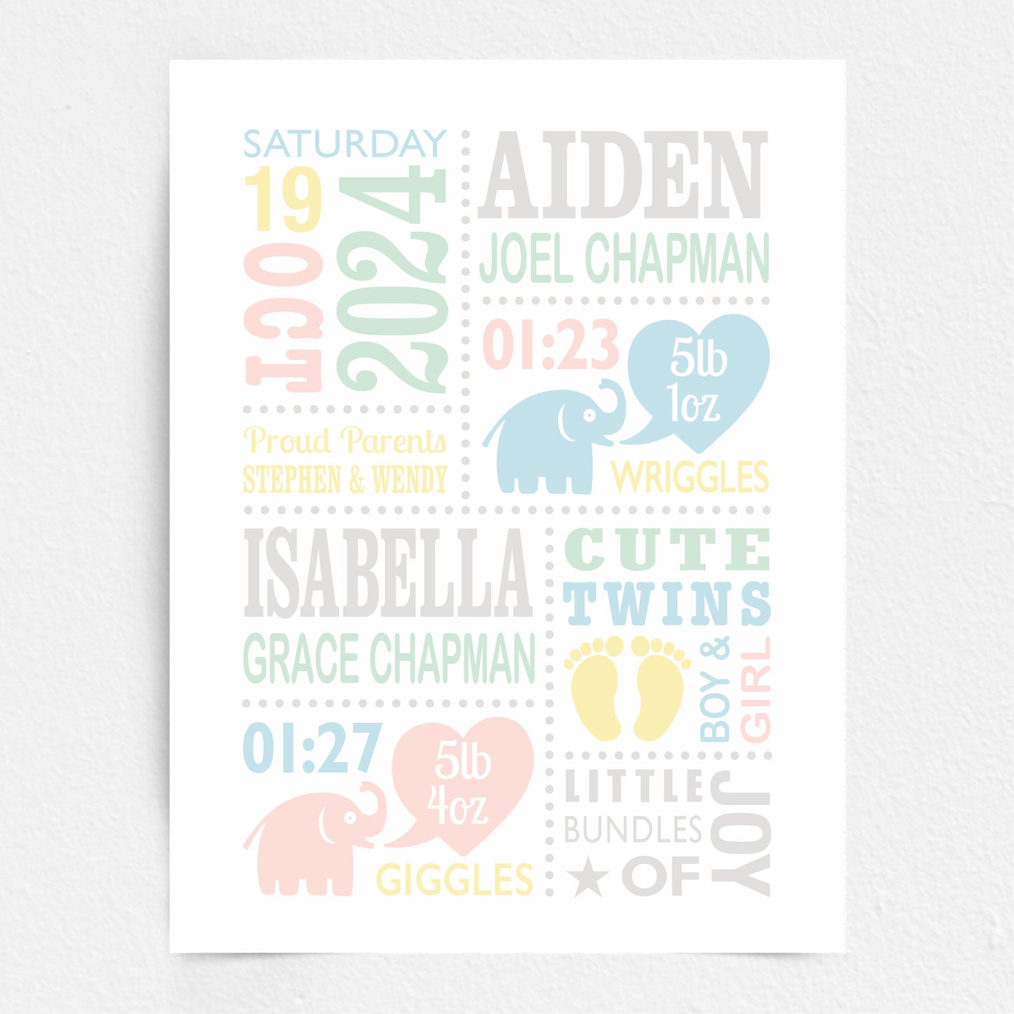 Custom Twin Babies Print - Boy & Girl Cute Elephants