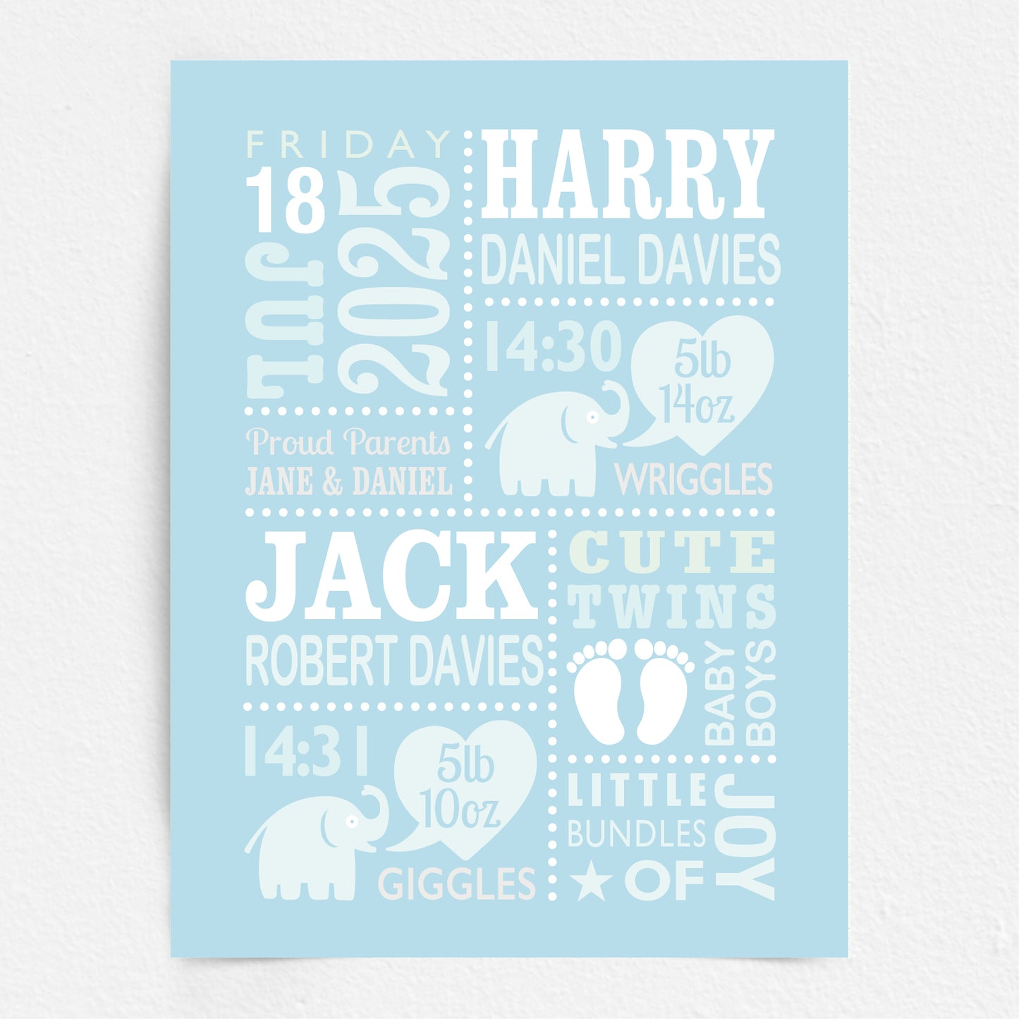 Custom Twin Babies Print - Boys Cute Elephants
