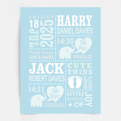 Custom Twin Babies Print - Boys Cute Elephants