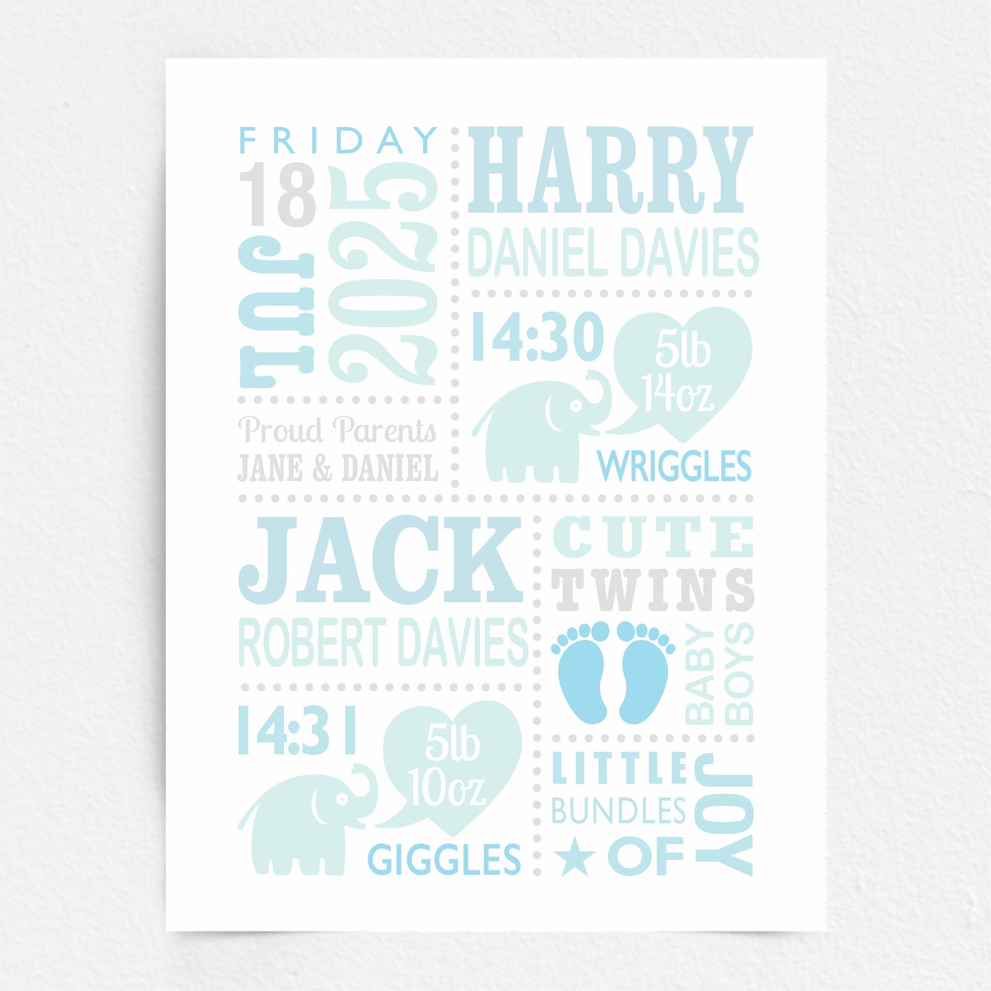 Custom Twin Babies Print - Boys Cute Elephants