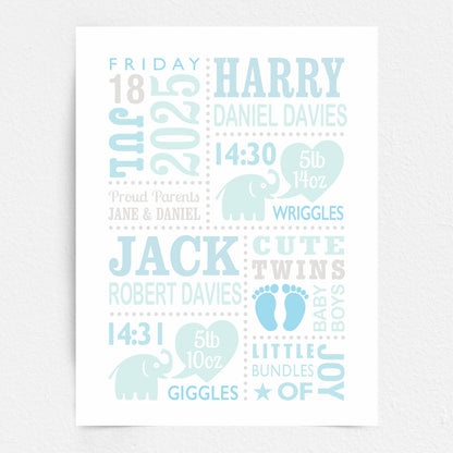 Custom Twin Babies Print - Boys Cute Elephants
