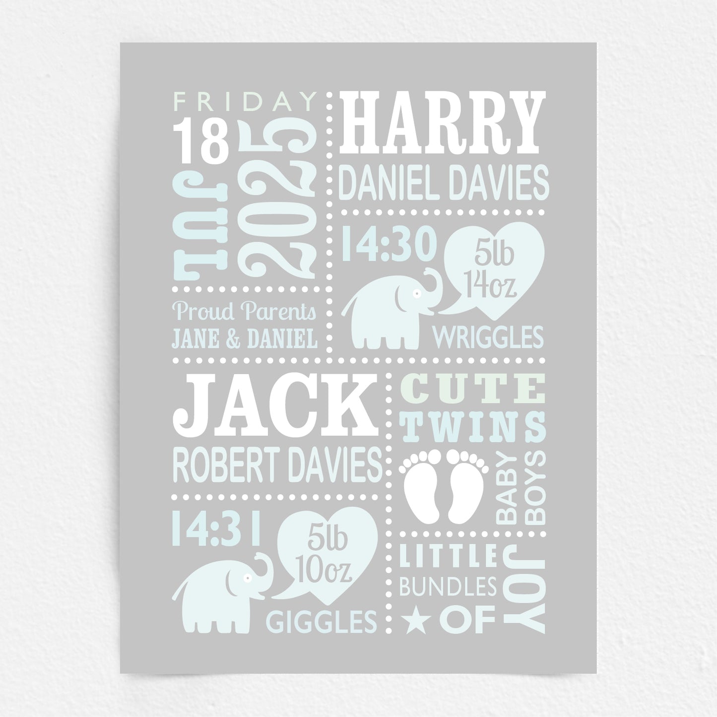 Custom Twin Babies Print - Boys Cute Elephants