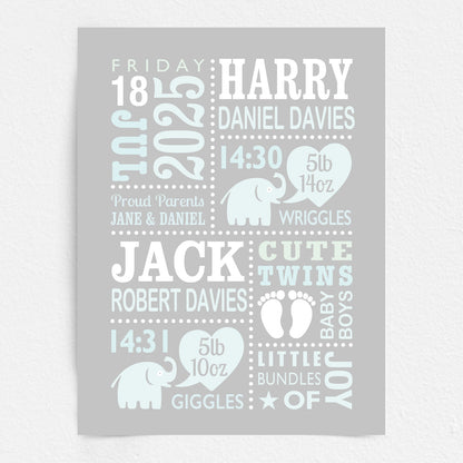 Custom Twin Babies Print - Boys Cute Elephants
