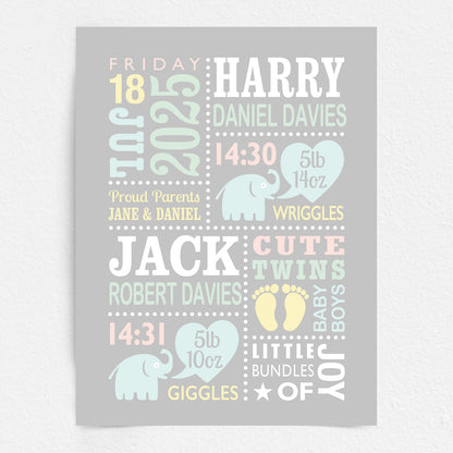 Custom Twin Babies Print - Boys Cute Elephants