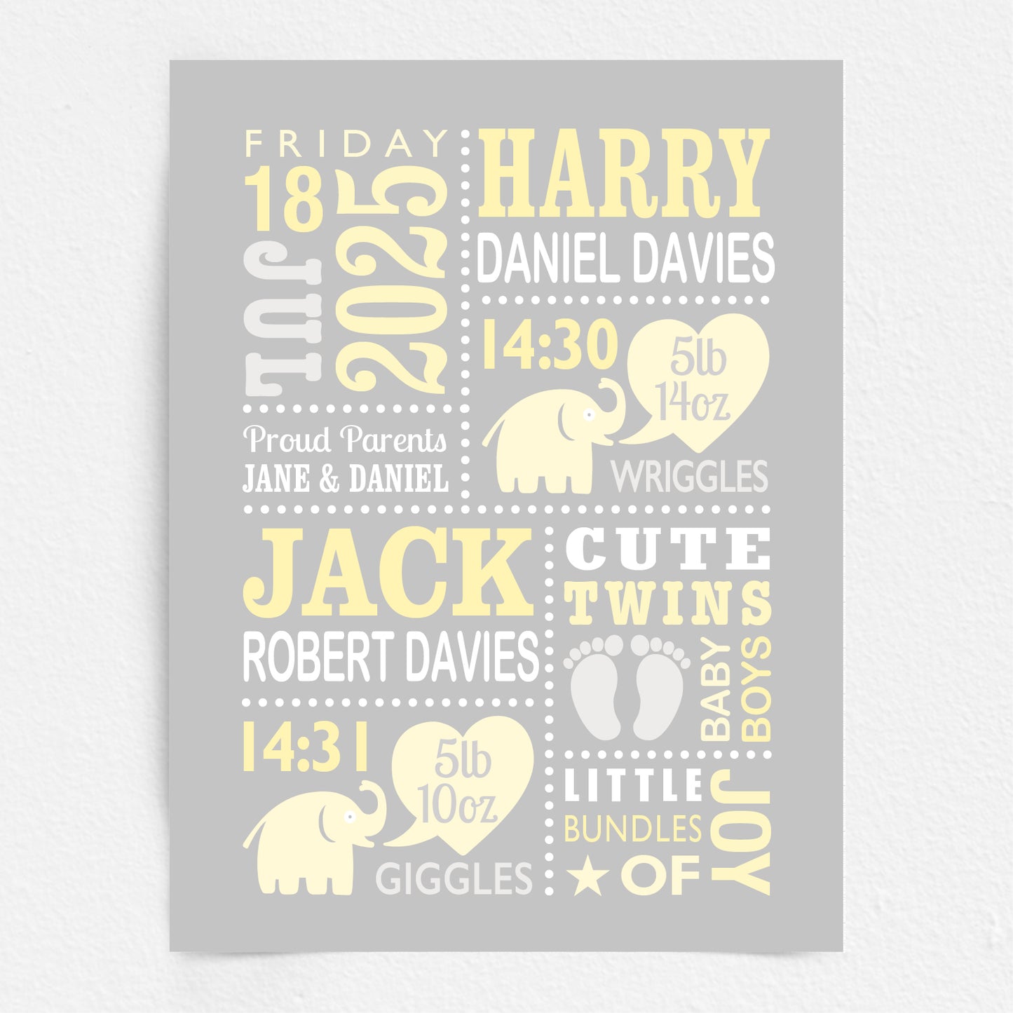 Custom Twin Babies Print - Boys Cute Elephants