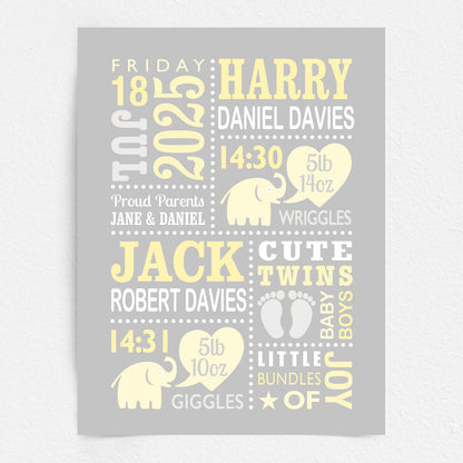 Custom Twin Babies Print - Boys Cute Elephants