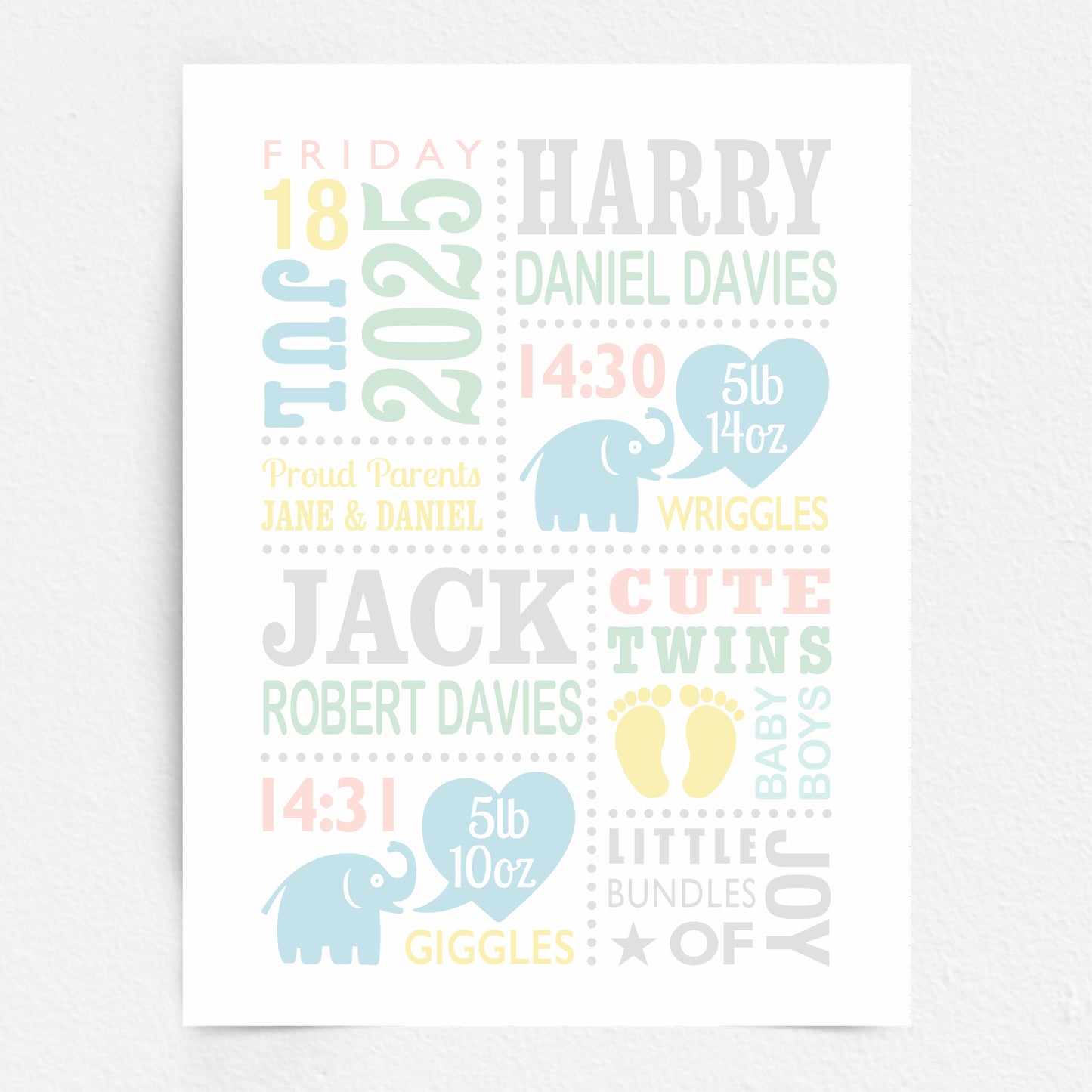 Custom Twin Babies Print - Boys Cute Elephants