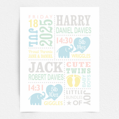Custom Twin Babies Print - Boys Cute Elephants