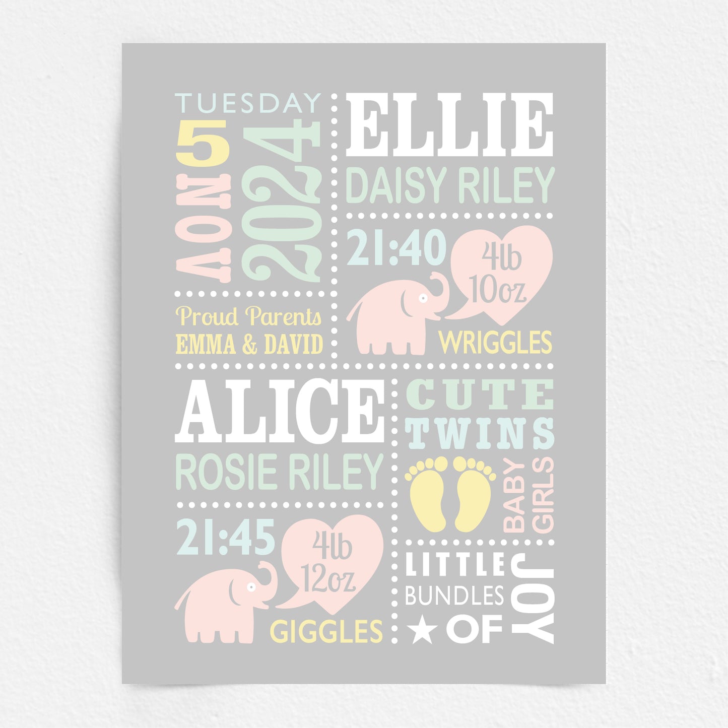 Custom Twin Babies Print - Girls Cute Elephants