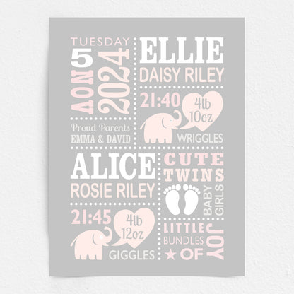 Custom Twin Babies Print - Girls Cute Elephants
