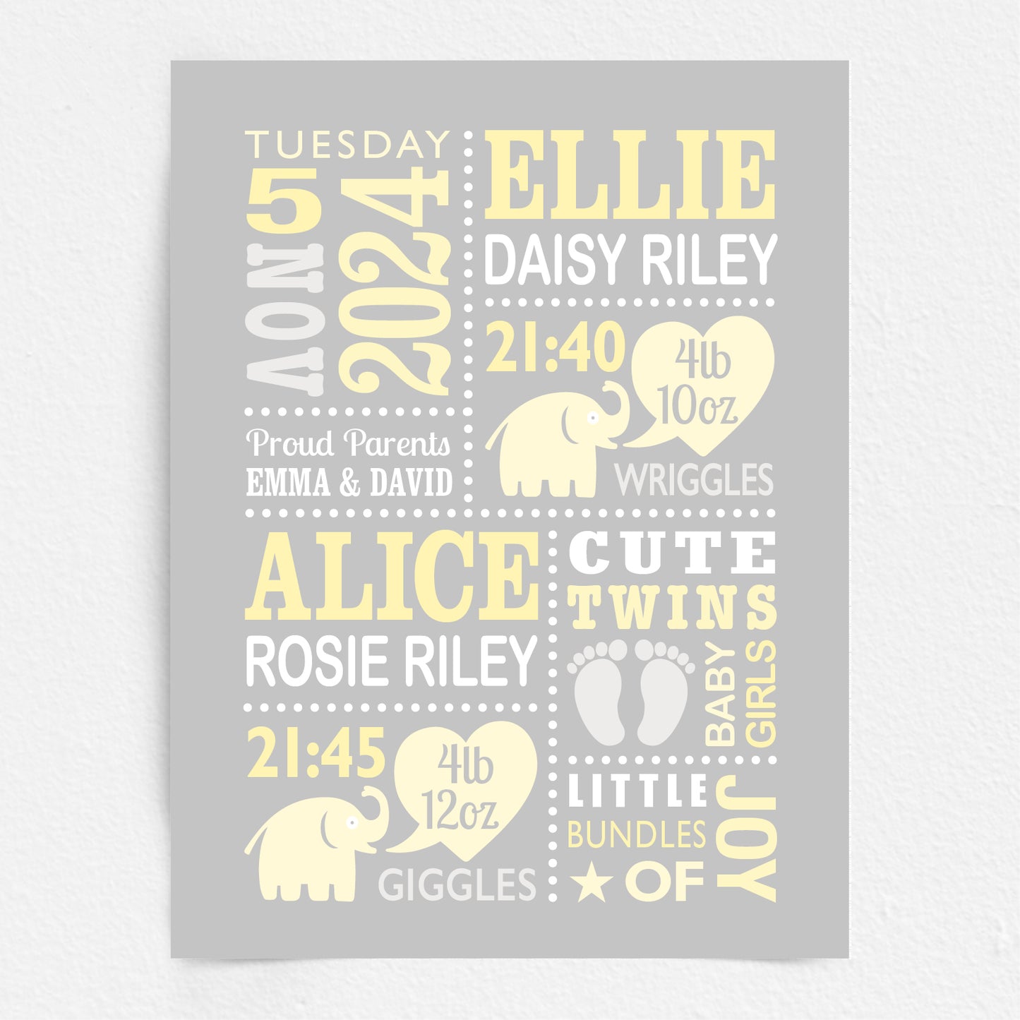 Custom Twin Babies Print - Girls Cute Elephants