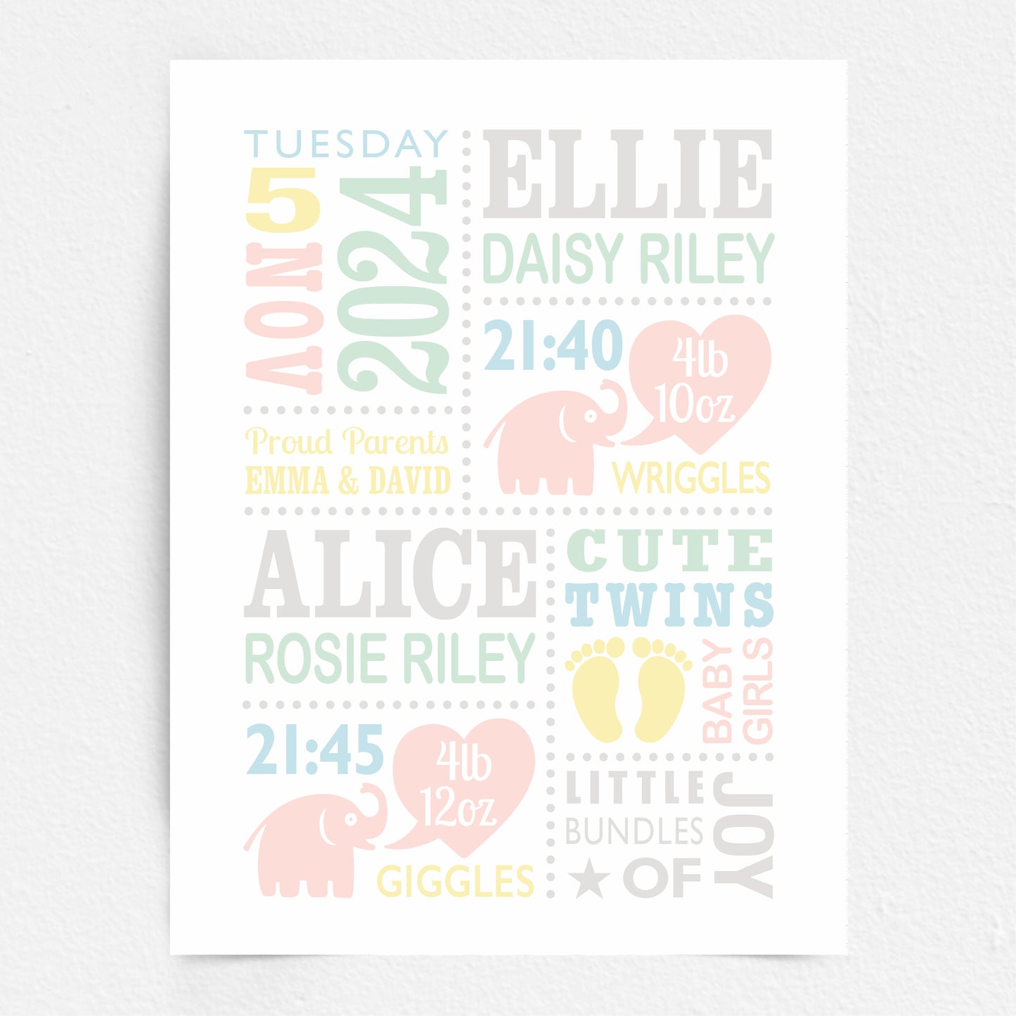 Custom Twin Babies Print - Girls Cute Elephants