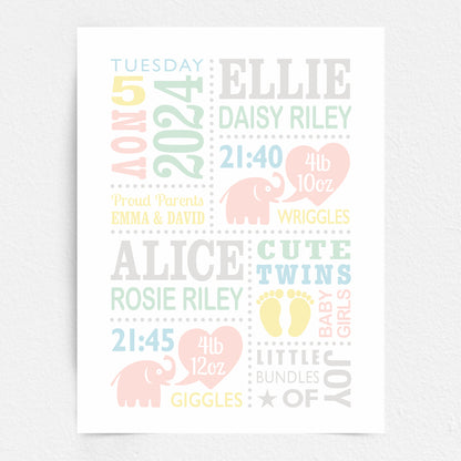 Custom Twin Babies Print - Girls Cute Elephants