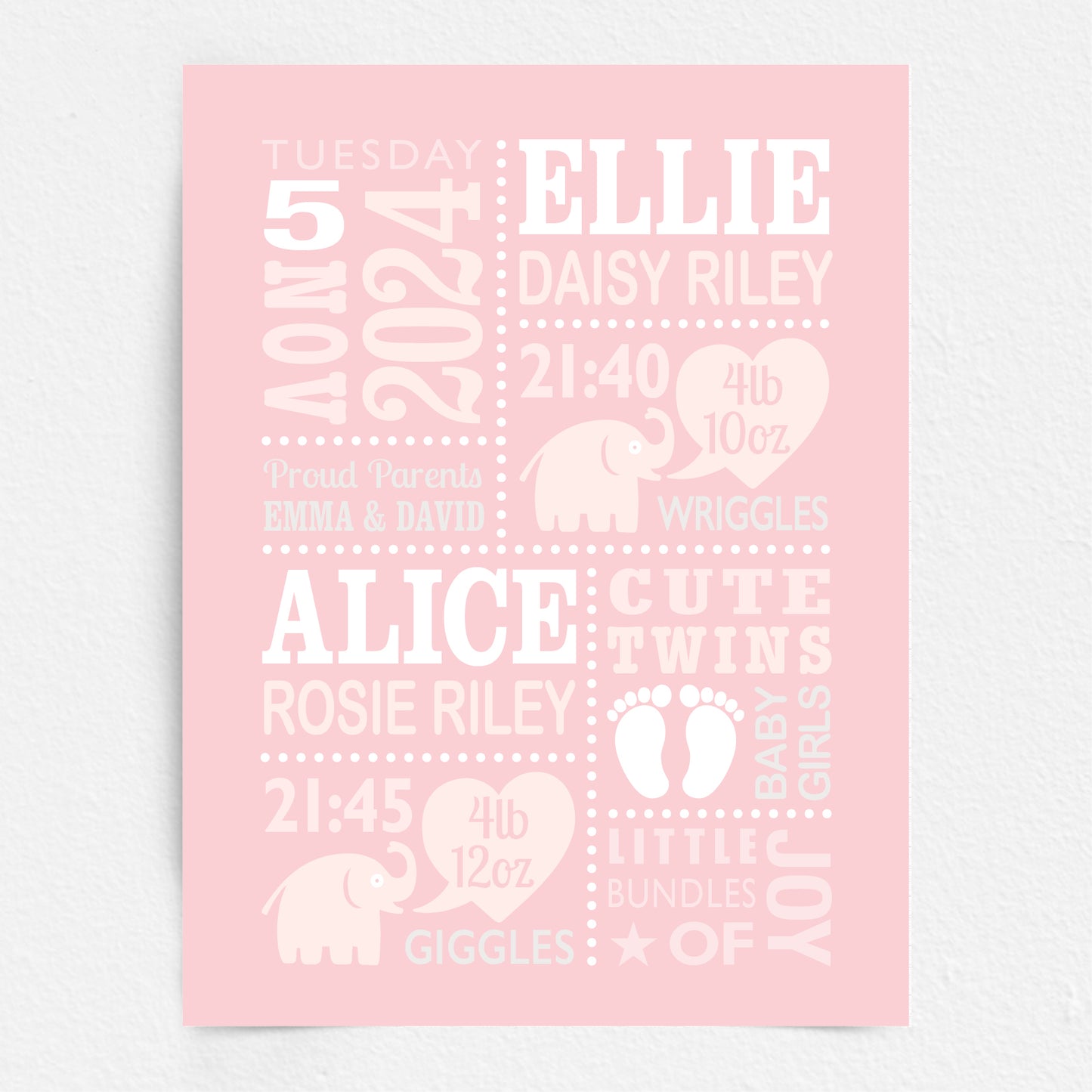 Custom Twin Babies Print - Girls Cute Elephants